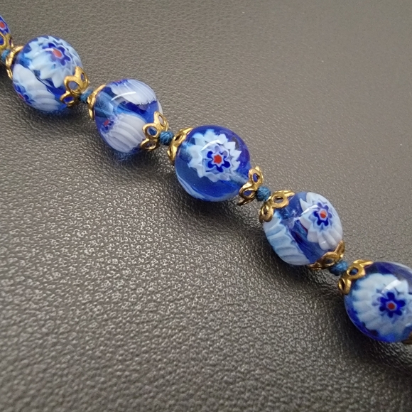 Cobalt Bloom Necklace – Art Glass Beads with Old-World Floral Detail - Picture 4 of 5